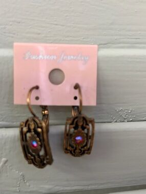 Vintage Bronze Filigree Hoop Earrings with Pink Crystal